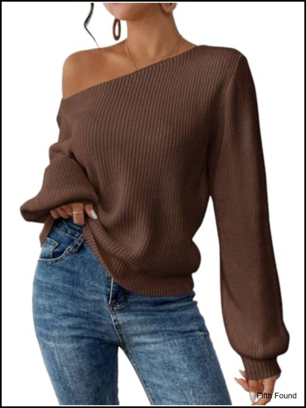 SKAYS Off Shoulder Ribbed Knit Asymmetrical Neck Long Sleeve Sweater Pullover